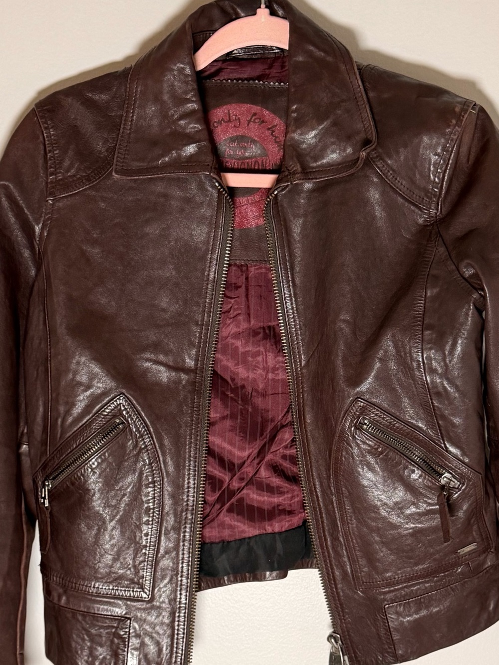 Vintage Chevignon Brown Leather Moto Jacket – 90s Cropped Jacket – Women’s SmMed